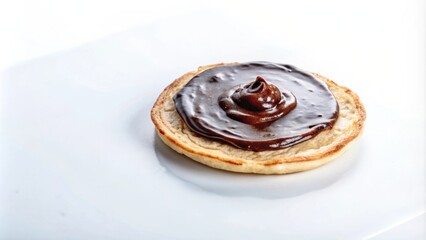 A circular, golden brown pastry topped with a generous amount of rich, dark chocolate spread.