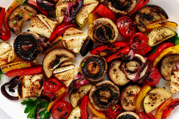 juicy vegetarian barbecue kebabs made from delicious fresh vegetables. vegan grill party