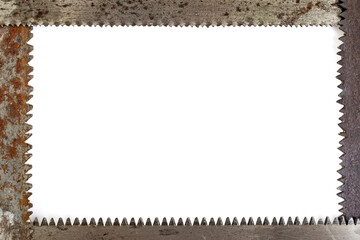 Rectangular frame made from rusty saw blades isolated on white background