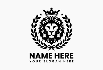 Lion head logo design features royal crown and laurel wreath in bold monochrome style
