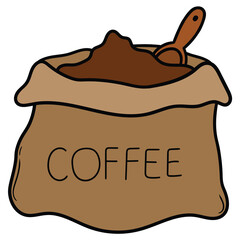 Hand drawn cartoon bag of coffee beans on white background.