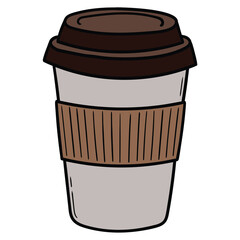 Hand drawn cartoon disposable paper cup with lid on white background.
