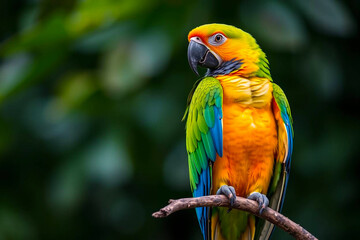 Obraz premium Magnificent Green-Winged Macaw Perched on a Tree Branch, Displaying Its Vivid Red, Green, and Blue Plumage in a Tropical Setting, Vibrant Wallpaper