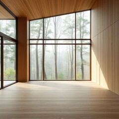 Obraz premium Serene Wooden Room with Expansive Forest View Minimalist Interior Design Inspiration