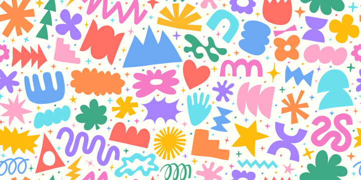 Cool Seamless Fun Abstract Geometric Pattern. Organic Shapes Hand-drawn Doodle Cute Background. Funky Playful Kid Texture.