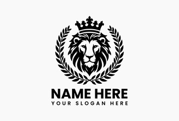 lionRegal lion head emblem with majestic crown and surrounding laurel wreath. Luxury design concept