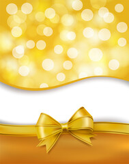 golden bow and holiday blurry bokeh yellow background. vector illustration