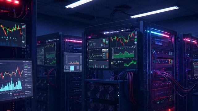 High-tech data center with illuminated servers displaying stock market graphs and analytics