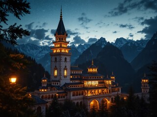 Majestic Mountain Castle Glowing in Starlight