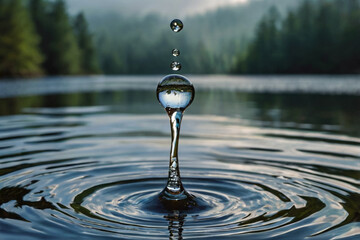 Close-up macro shot of a single drop of water falling into a still lake, creating concentric ripples, surrounded by foggy forest reflection, metaphor of unity and surrender, ultra high detail 