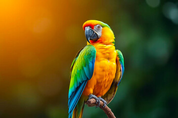 Obraz premium Magnificent Green-Winged Macaw Perched on a Tree Branch, Displaying Its Vivid Red, Green, and Blue Plumage in a Tropical Setting, Vibrant Wallpaper