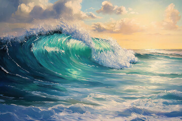 waves of H2O, beautiful large wave in the ocean painted with turquoise and golden hour colors, illustrated