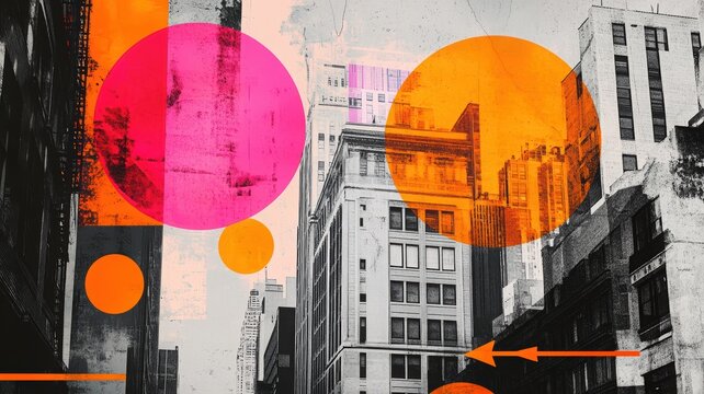 Urban street with overlapping colorful circles and tall buildings in orange and pink, featuring vibrant geometric shapes and cityscape vibe