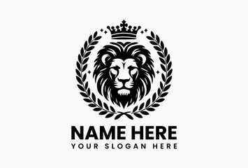 lionRegal lion head emblem with majestic crown and surrounding laurel wreath. Luxury design concept