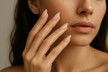 Woman showcasing manicured nails while touching her face in studio  
