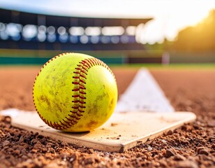 Close-up view of a dirty softball on home plate. Game-winning moment concept. Ball with yellow color, red stitching detail.