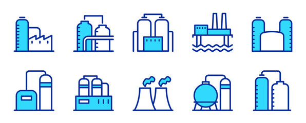 Industrial Plant Icons Set: Factory, Water Treatment, Chemical Processing, Manufacturing, Minimalist Filled Line Vector