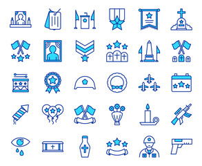 Memorial day, Military, Veteran Icons Set: Remembrance, Memorial, Patriotism, Service, Warfare, Minimalist Filled Line Vector