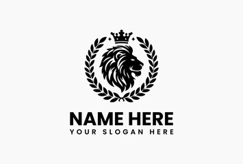 lionRegal lion head emblem with majestic crown and surrounding laurel wreath. Luxury design concept