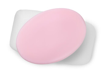 Two soap bars isolated on white, top view. Personal hygiene