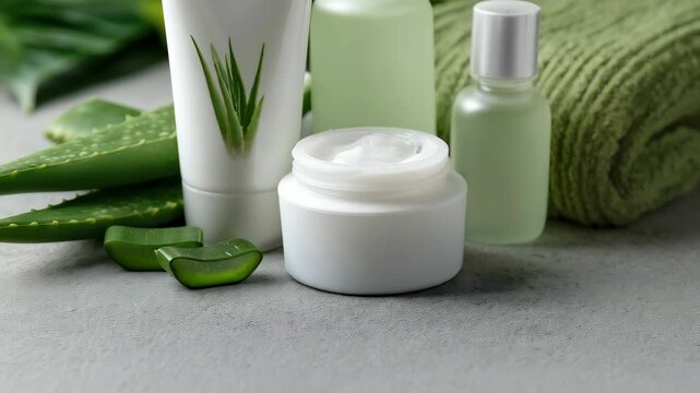 Various unlabeled spa products including lotion, cream, towel, and green leaves in an indoor beauty setting