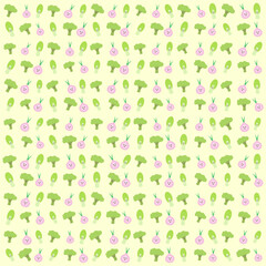 Vector pattern broccoli vegetable, red onion, pak choy mustard greens cute bright