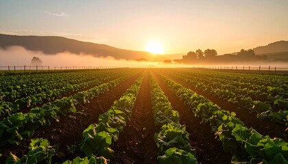 Wide-angle early morning shot, rows of cucumbers and lettuce stretching into the depth, dew on leaves, warm sunrise tones, perfect natural look, subtle fog in background.