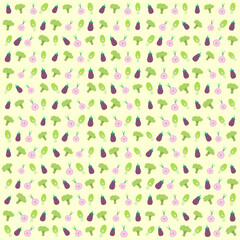 Vector pattern purple eggplant vegetable, broccoli, red onion, and pak choy mustard greens cute bright