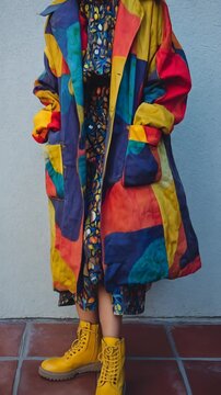 Woman in colorful patchwork coat and floral dress with yellow boots posing against white wall and terracotta tile floor