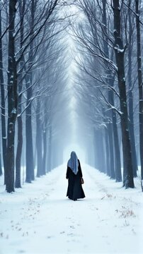 Hyper realistic animation of a woman in long black abaya and blue grey hijab walking alone on a snow covered path, surrounded by tall leafless trees in a winter forest