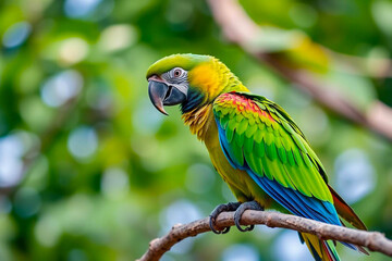 Magnificent Green-Winged Macaw Perched on a Tree Branch, Displaying Its Vivid Red, Green, and Blue Plumage in a Tropical Setting, Vibrant Wallpaper
