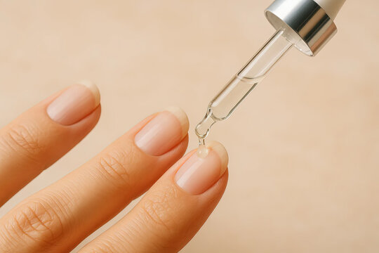 Woman applying nail serum with dropper on fingers in nail studio  