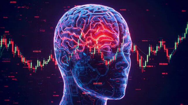 Futuristic digital brain illustration with stock market graphs in the background, symbolizing finance