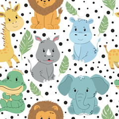 Naklejka premium Safari children’s animals seamless pattern. Cute vector illustration with crocodile, rhinoceros, elephant, giraffe, lion, hippo