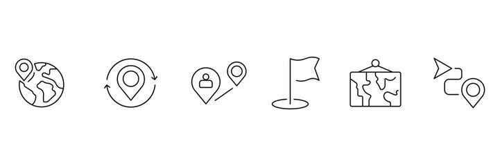 Global navigation pin direction path map guide location icon set vector illustration for travel route destination flag system journey.