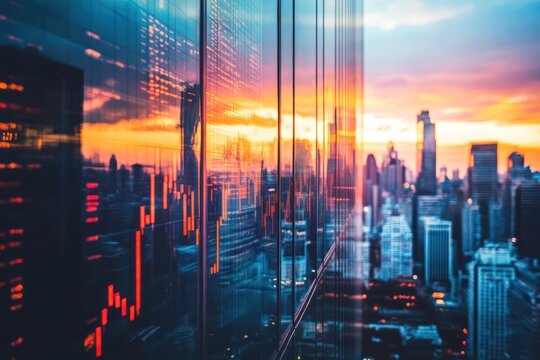 City skyline with stock market graph reflected on building at sunset