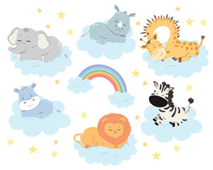 Safari children’s sleeping animals set in flat style isolated on white background, vector illustration. Cute cartoon animals on clouds collection: hippo, rhinoceros, elephant, giraffe, lion, zebra