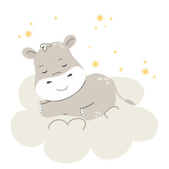 Obraz premium Baby hippo sleeping children’s poster. Adorable animal illustration. Vector illustration