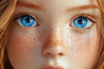 Naklejka premium Close-up of girl face with freckles and striking blue eyes