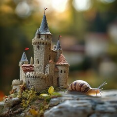 Miniature Castle Surrounded by Nature with Snail on Stone Path
