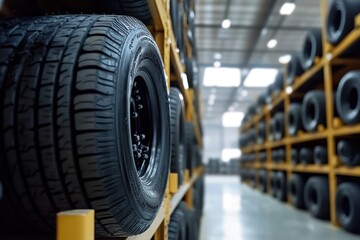 Stacked tires in brightly lit modern industrial warehouse
