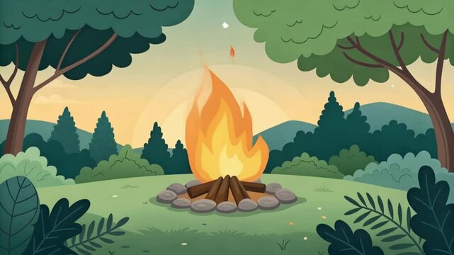 Fire clipart of cartoon style campfire glowing in forested green area