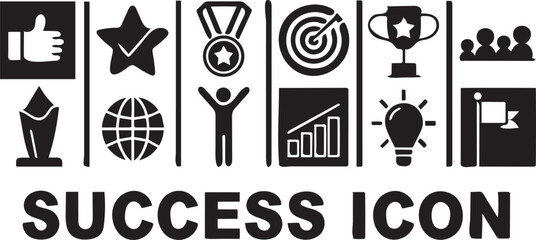 Isolated Success And Achievement Line Art Icon Set, Editable Black Stroke, Modern Style, Victory Symbols, Goal Elements, Performance Icons, Minimal Vector Design, Clean Line Illustration