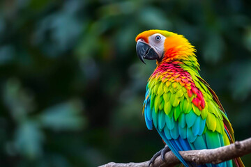 Obraz premium Magnificent Green-Winged Macaw Perched on a Tree Branch, Displaying Its Vivid Red, Green, and Blue Plumage in a Tropical Setting, Vibrant Wallpaper