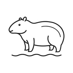 Simple black and white illustration of a capybara animal standing near water in flat vector style