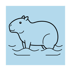 Simple illustration of a friendly capybara standing in water with a light blue background