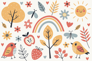 Obraz premium Vector seamless pattern with cartoon birds, flowers, and butterflies for a spring or summer nature design