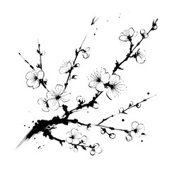 Minimalist illustration. Chinese painting. Sakura silhouette on white background. Elegant Sakura Branch in Smudged Ink.
