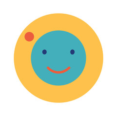 Cheerful cartoon smiley face surrounded by a yellow circle with simple design elements.