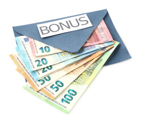 Envelope with word Bonus and euro banknotes isolated on white
